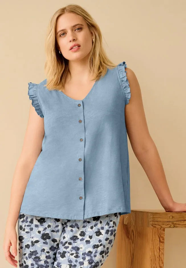 100% Cotton Slub Button-Front Ruffle Sleeve V-Neck Tank