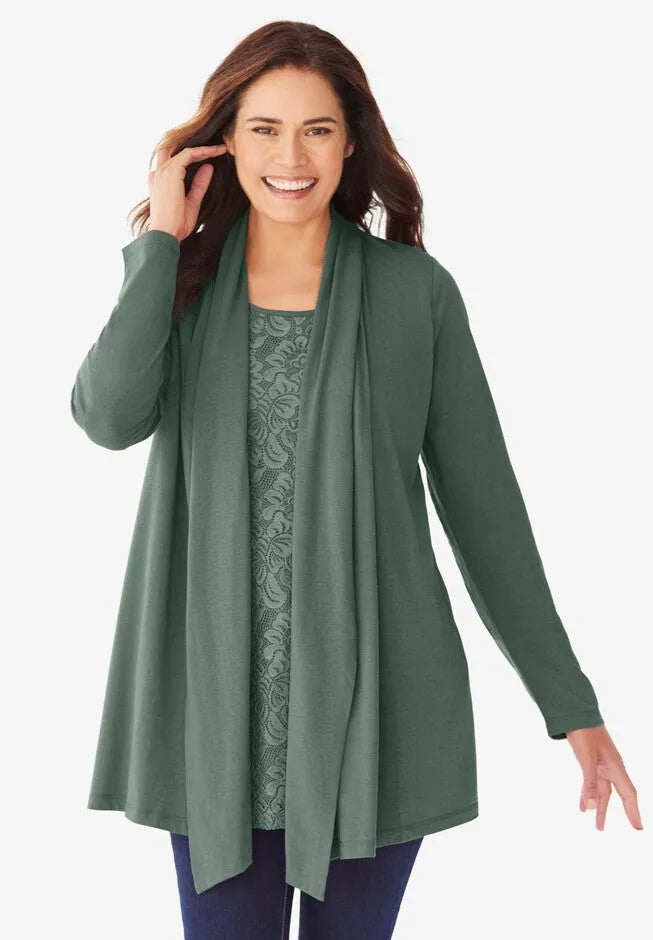 2-Fer Cardigan & Attached Lace Tunic