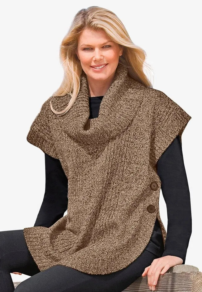 Marled Knit Cowl Neck Poncho Sweater