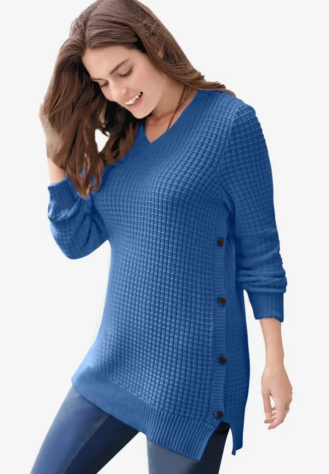 Side Button V-Neck Waffle Knit Sweater