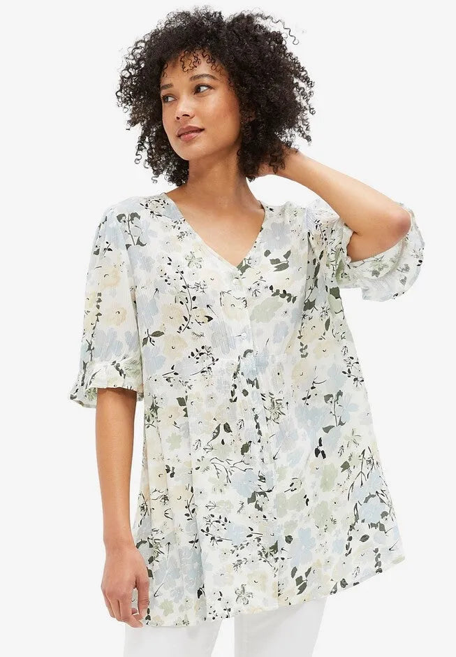 Crinkle A-Line V-Neck Button-Front Tunic