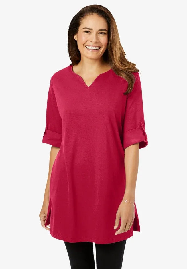 Perfect Roll-Tab-Sleeve Notch-Neck Tunic