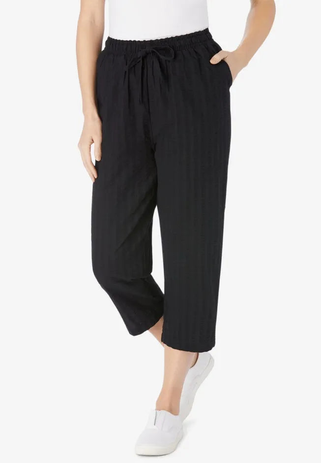 Seersucker Pull-On Elastic-Waist Capri Pants