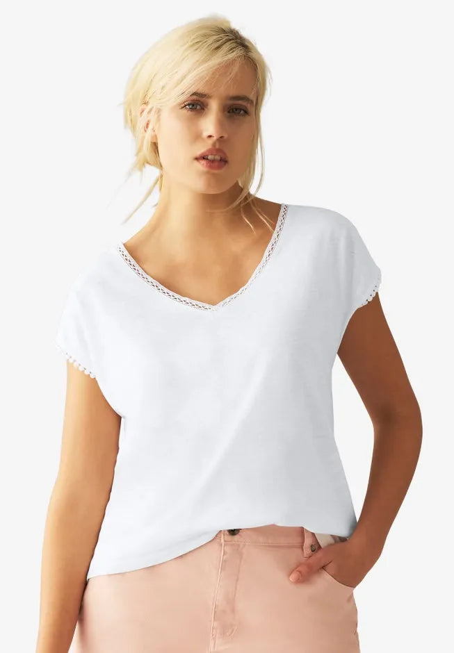 V-Neck A-Line Crochet Trim Tee