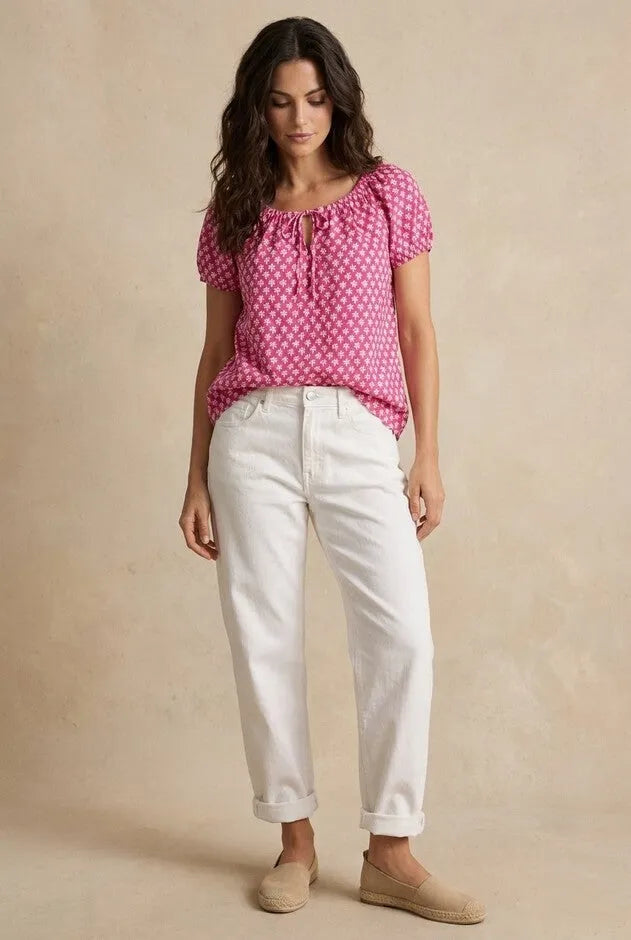100% Cotton A-Line Peasant Blouse With Scoop Keyhole Neckline