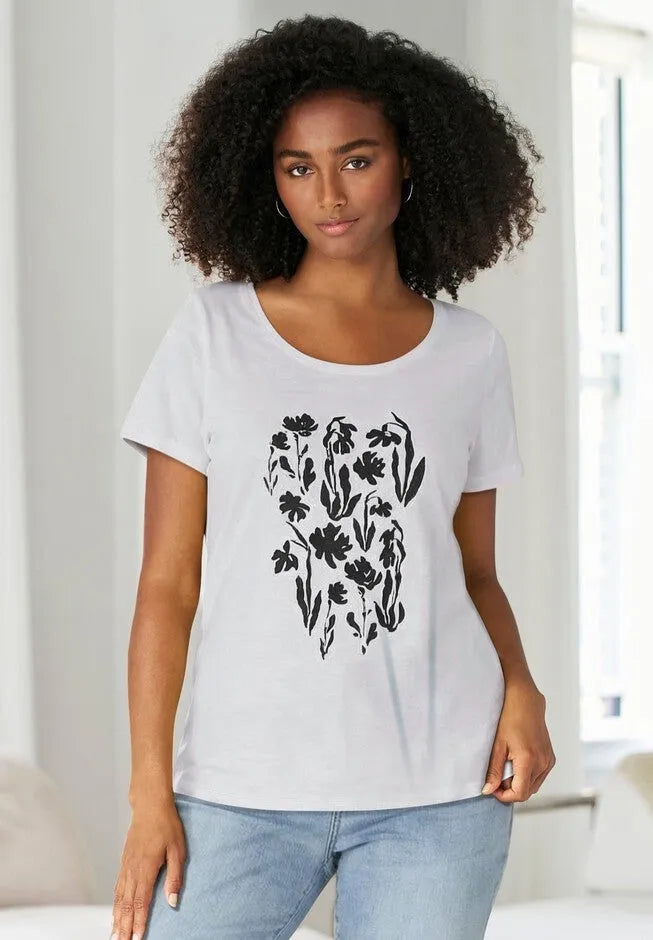 100% Cotton Jersey Slub Scoopneck Short Sleeve Graphic Tee