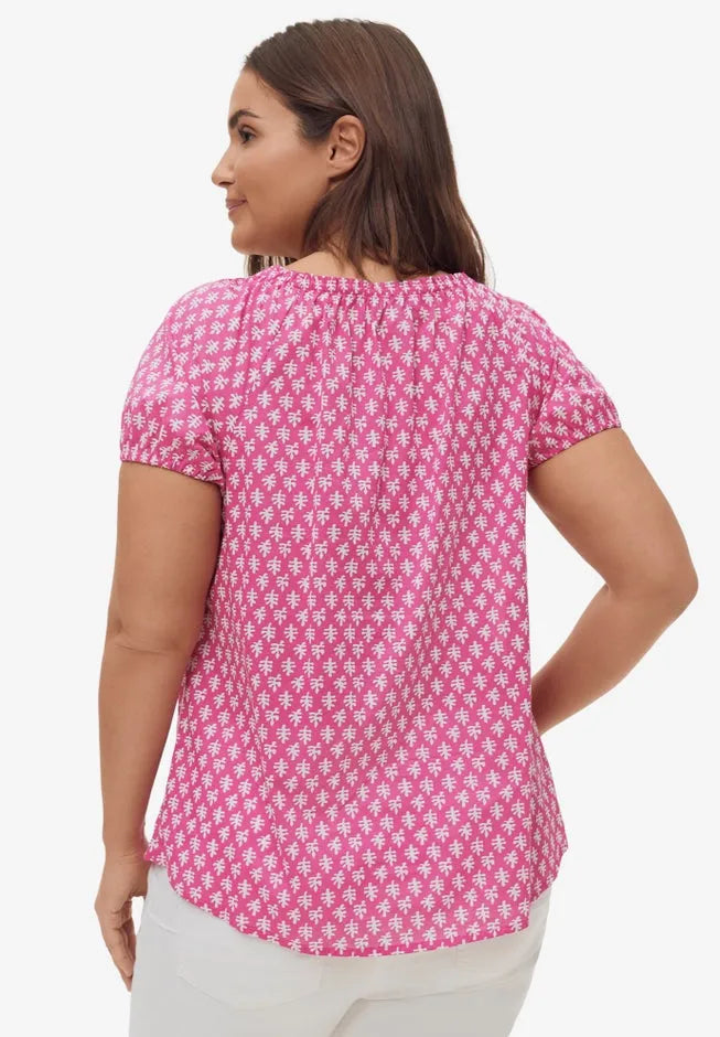 100% Cotton A-Line Peasant Blouse With Scoop Keyhole Neckline