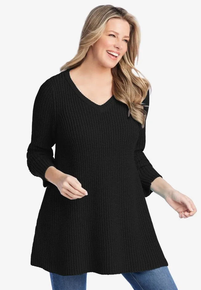 V-Neck Shaker A-Line Sweater