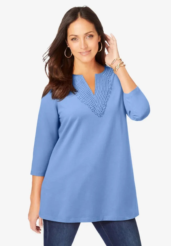 Stretch Cotton Crochet Notch Neck Tunic