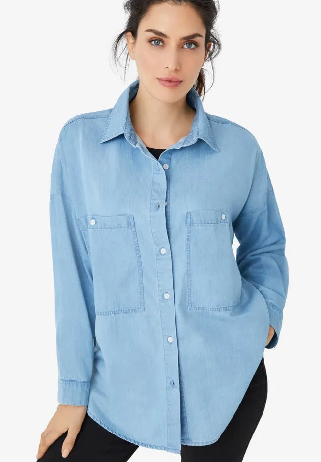 100% Cotton Denim Oversized Button-Front Collared Shirt
