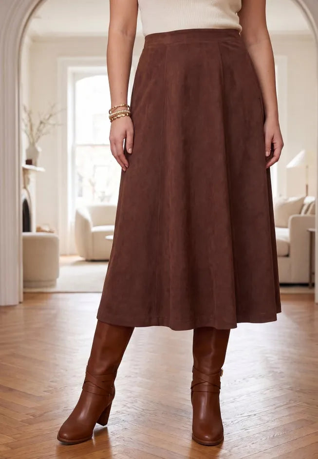 Stretch Faux Suede A-Line Midi Skirt