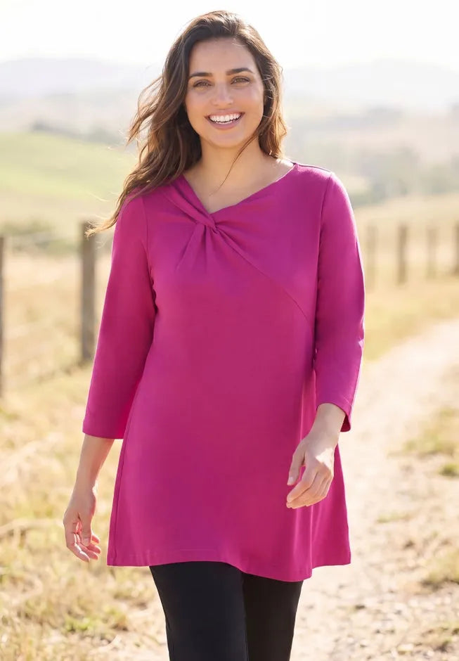 Knotted Neckline Swing Cotton-Blend Tunic