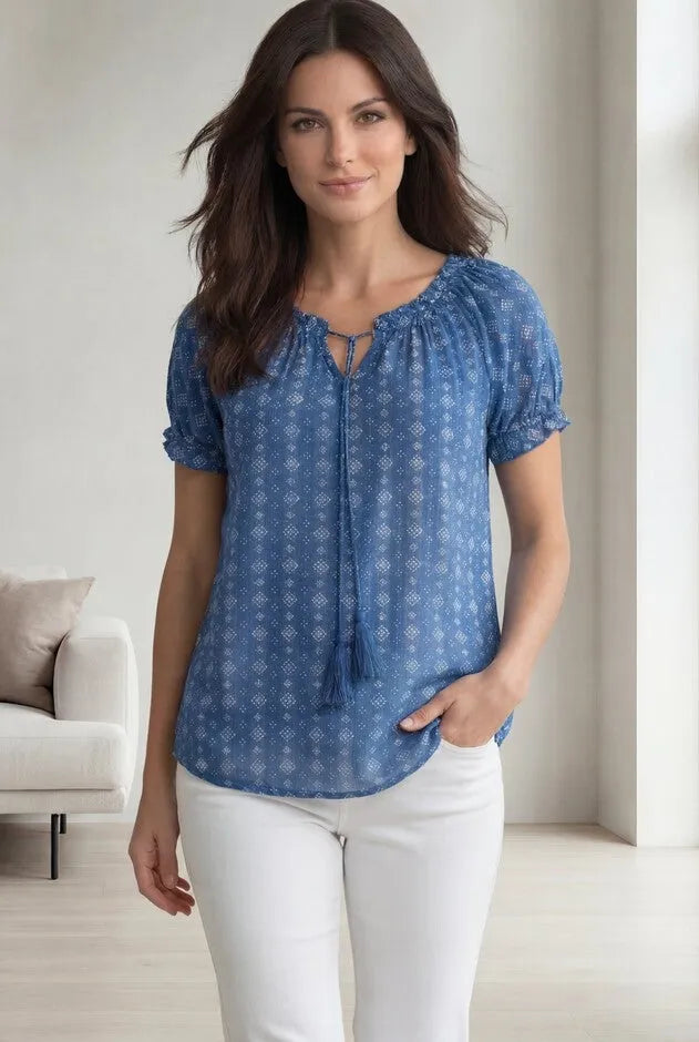 A-Line Scoop Neck Ruffle Trim 100% Cotton Cambric Peasant Blouse