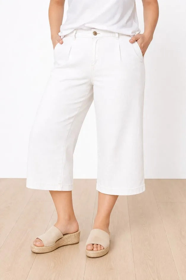 100% Cotton Mid-Rise Lightweight Denim Elastic Waist Wide-Leg Crop Trouser Jeans