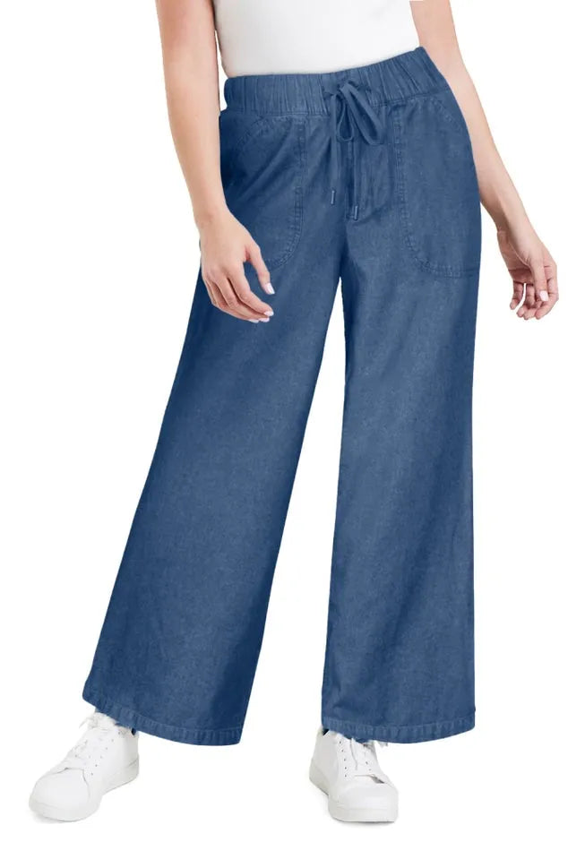 Drawstring Denim Wide-Leg Bottoms.