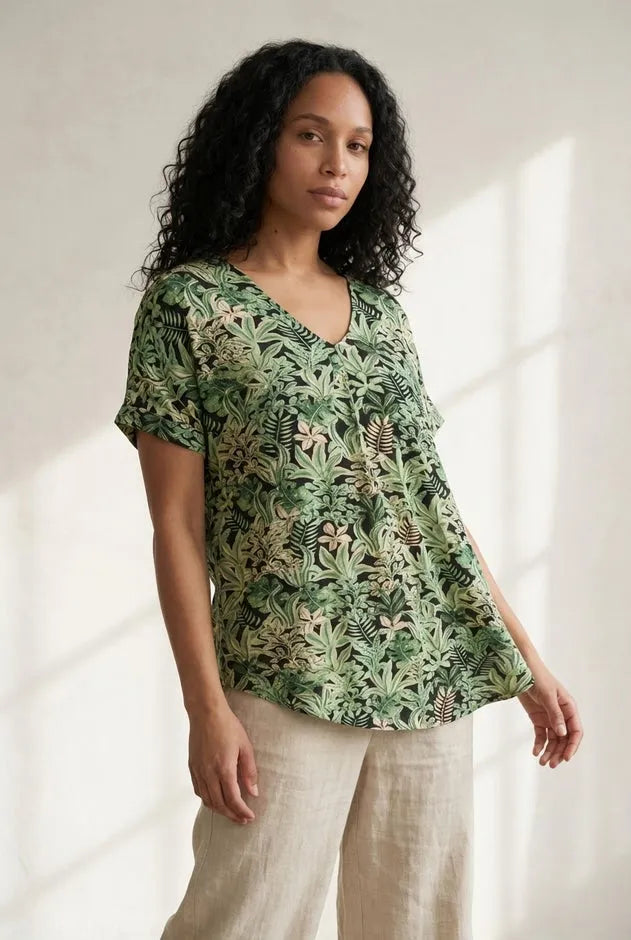 Stretch Jersey Knit V-Neck Inverted Pleat Short Sleeve Tunic