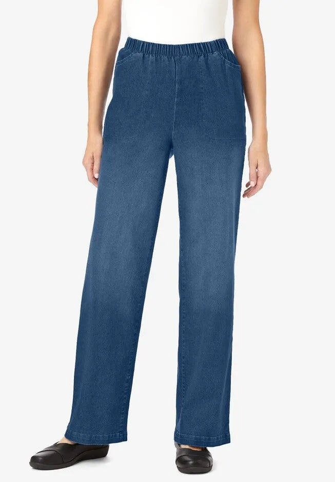 Fineline Stretch Denim Wide-Leg Pull-On Jeans