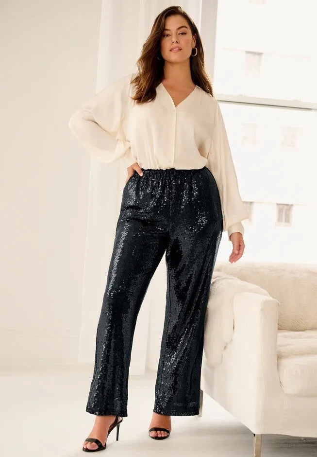 Relaxed Sequin Pants with Elastic Waist