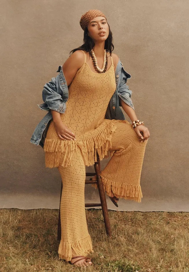Fringe Trim Pointelle Knit Pant