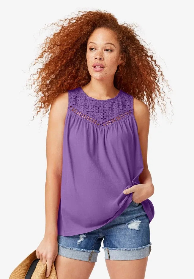 100% Cotton Crochet Scoop Neck A-Line Tank