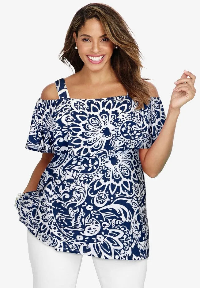 Stretch Knit Cold Shoulder Ruffle Tunic