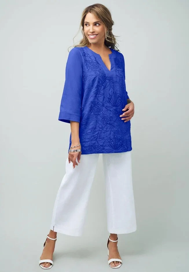 Linen V-Neck Embroidered Tunic