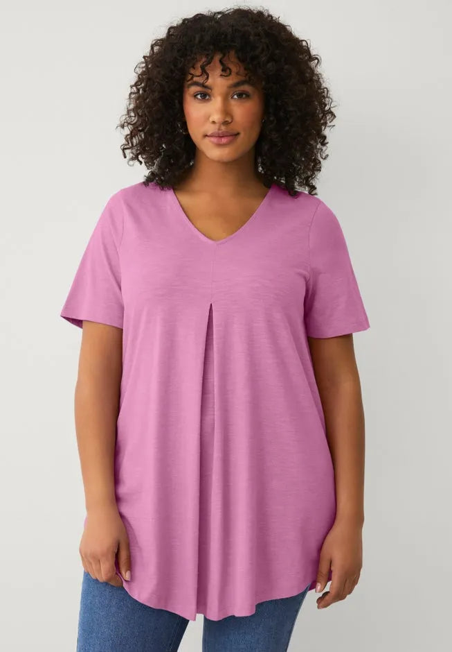 Cotton Jersey Slub V-Neck Inverted Pleat Tunic with Curved Hem