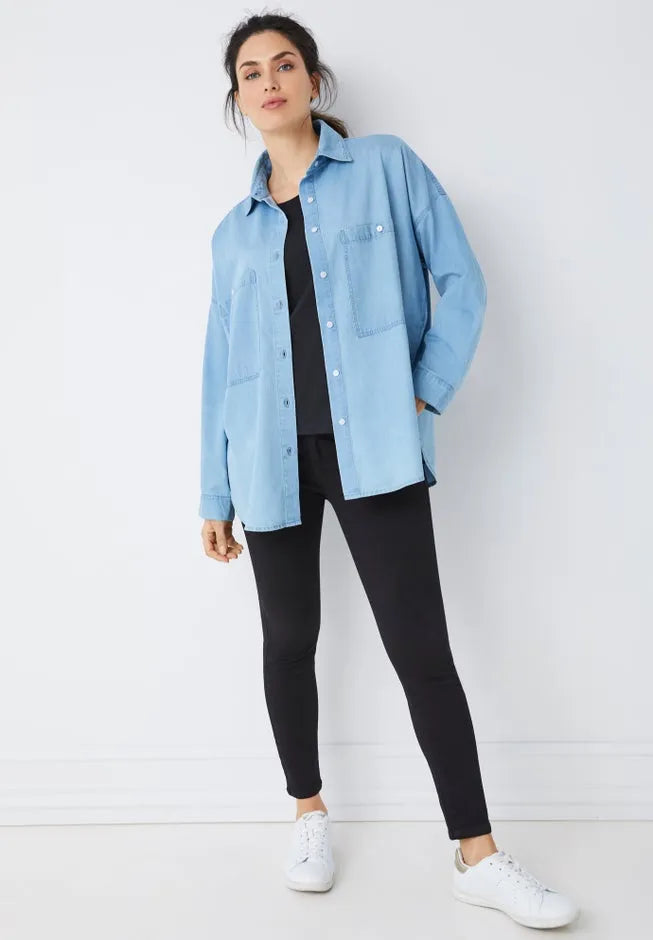 100% Cotton Denim Oversized Button-Front Collared Shirt