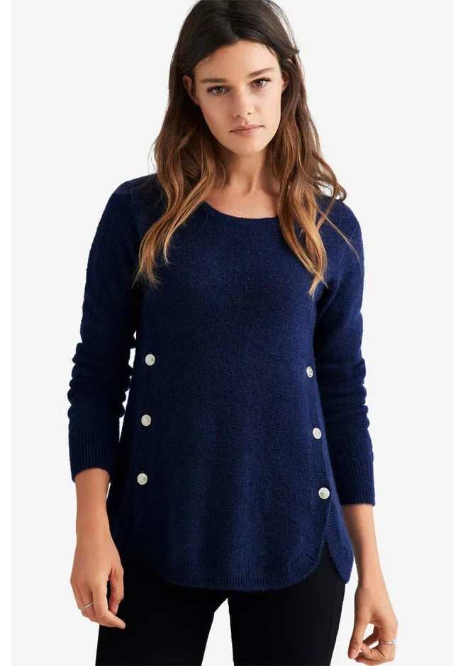 Stretch Scoop Neck Curved Hem With Buttons Pullover Sweater