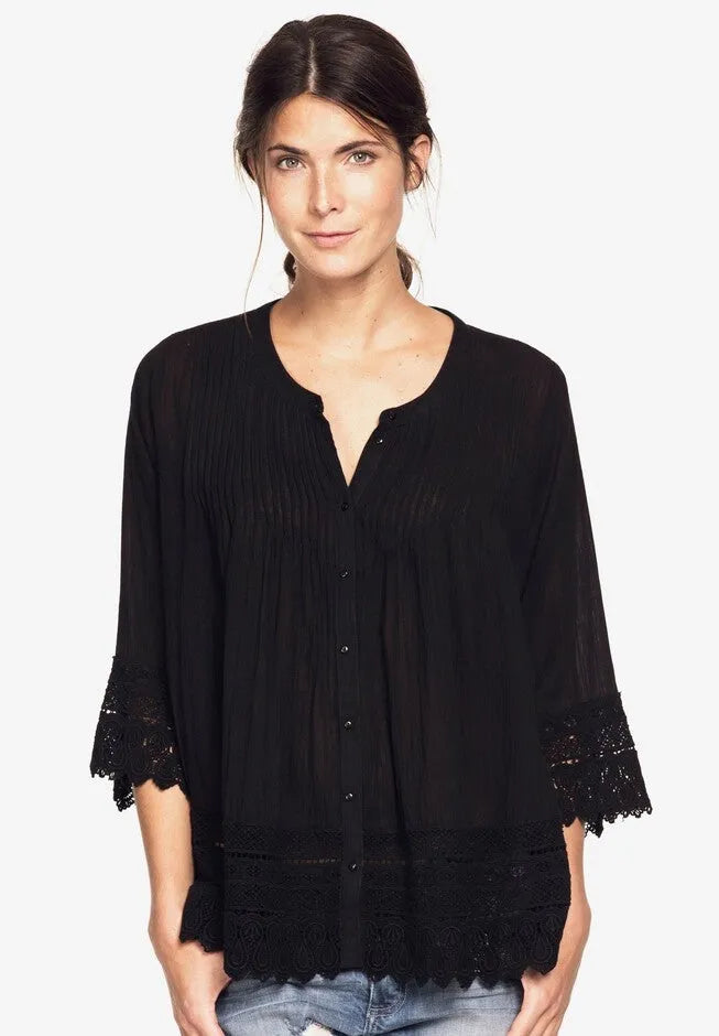 100% Cotton Crepe Button-Front Three-Quarter Sleeve Crochet Trim Blouse