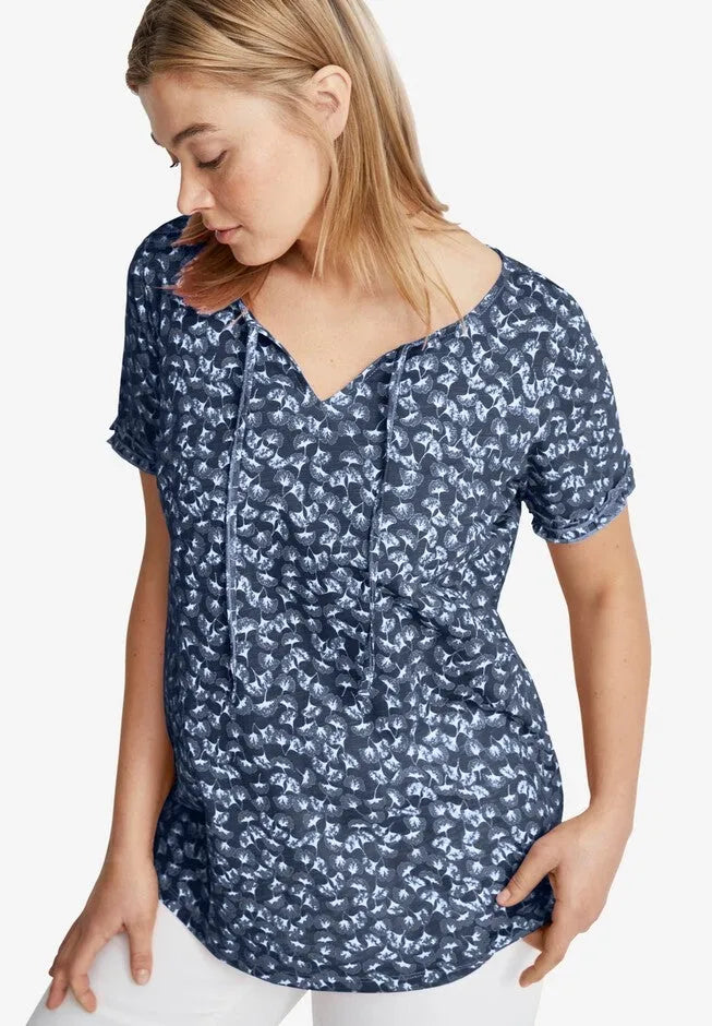 100% Cotton Slub Self-Tie Keyhole Neckline Short Sleeve Tee