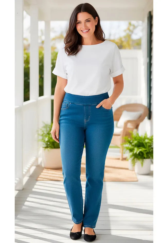 Smooth Waist Pull-On Flex Fit Straight-Leg Stretch Denim Jeans