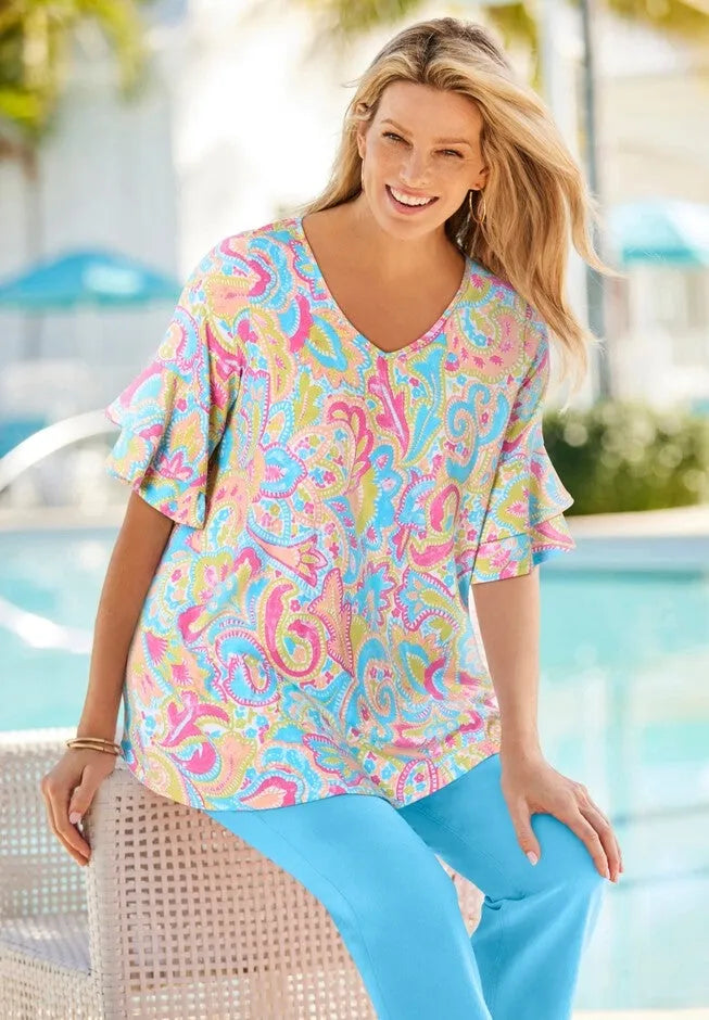 Ruffled Elbow-Sleeve Tunic