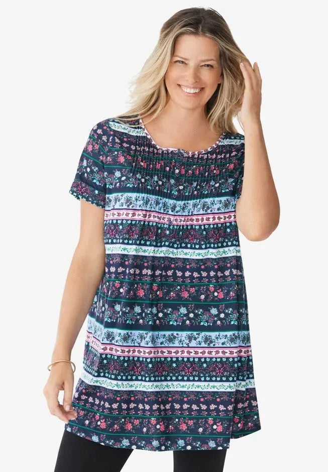 Short-Sleeve Pintucked Henley Tunic