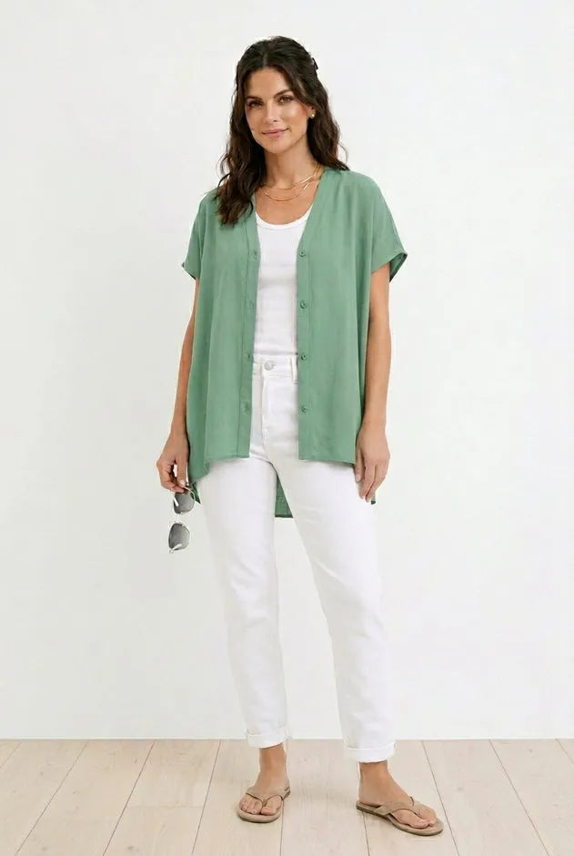 Linen-Blend V-Neck Button-Front Dolman Sleeve Oversized Tunic