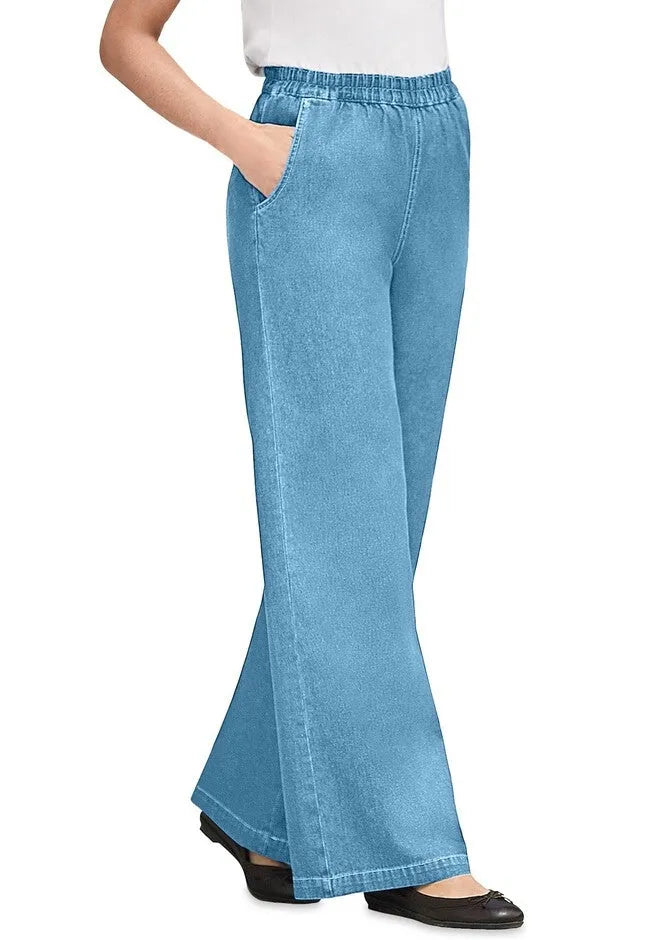 Perfect Elastic-Waist Wide-Leg All-Cotton Pull-On Denim Jeans