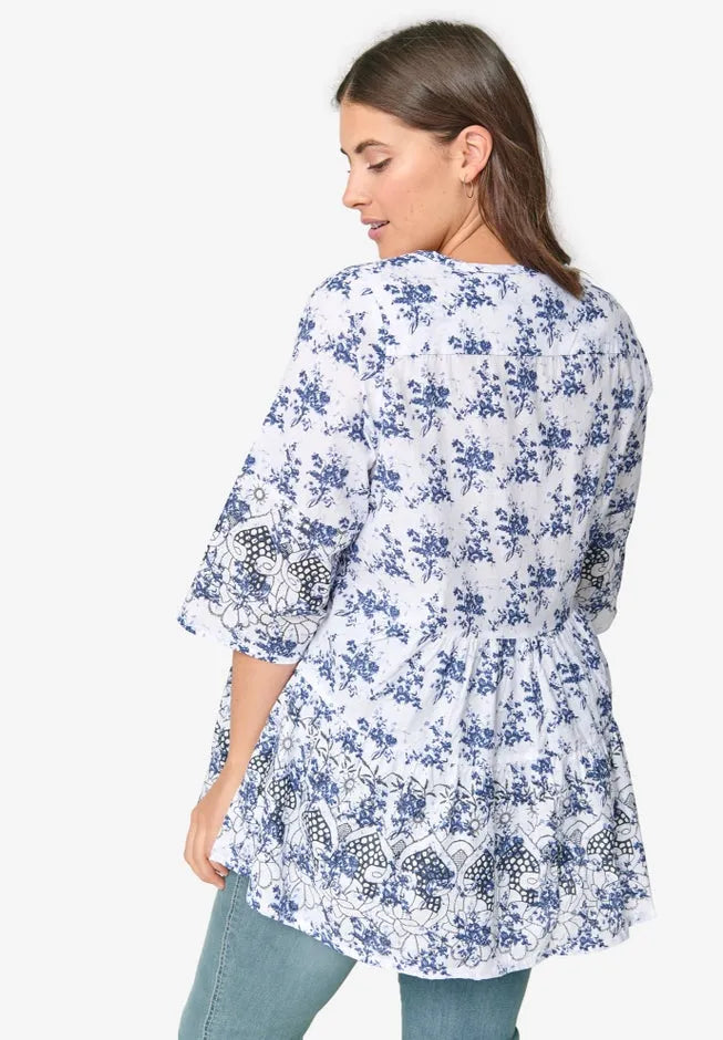 100% Cotton Cambric Three-Quarter Sleeve Tiered Flounce Scoopneck Tunic