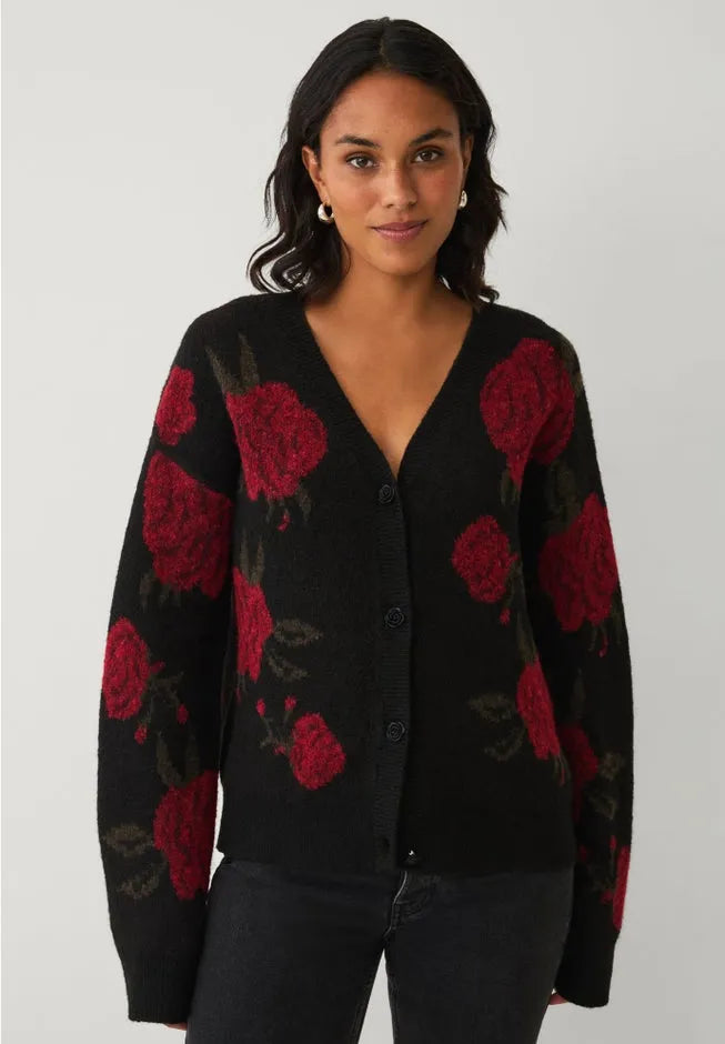 Wool-Blend V-Neckline Ribbed Boxy Rose Knit Cardigan