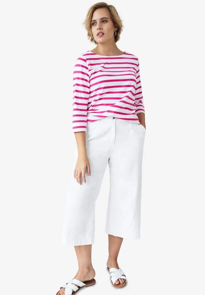100% Cotton Mid-Rise Lightweight Denim Elastic Waist Wide-Leg Crop Trouser Jeans