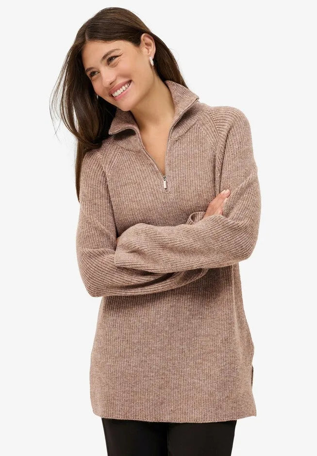 ¼ Zip Sweater Tunic With Side Slits