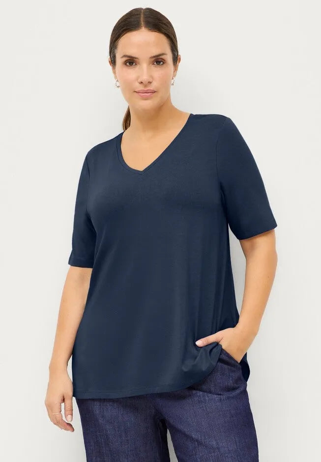 Stretch Jersey Knit A-Line Relaxed V-Neck Short Sleeve Tunic