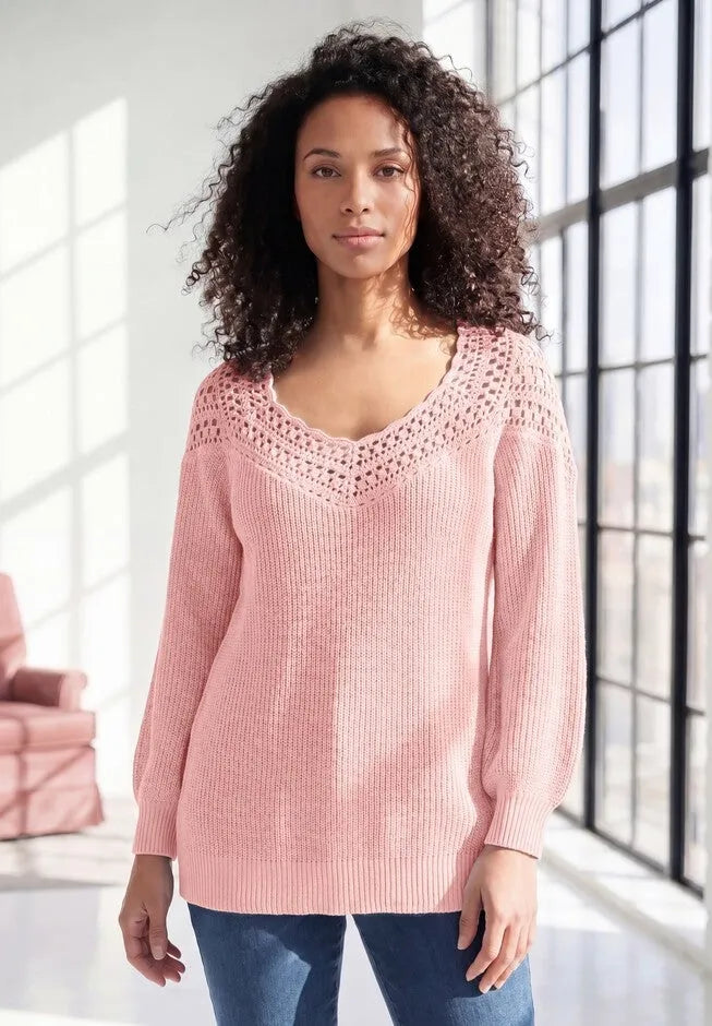 Plus Size Crochet Pullover Sweater with Sweetheart Neckline
