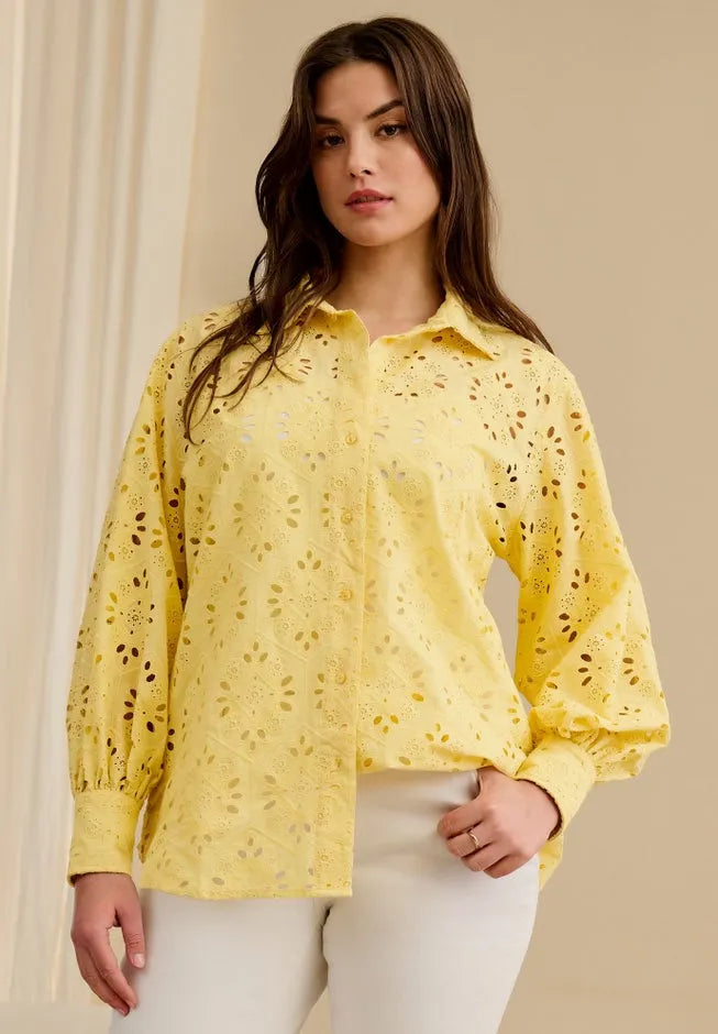 100% Cotton Cambric Eyelet Button-Front Blouson Sleeve Shirt