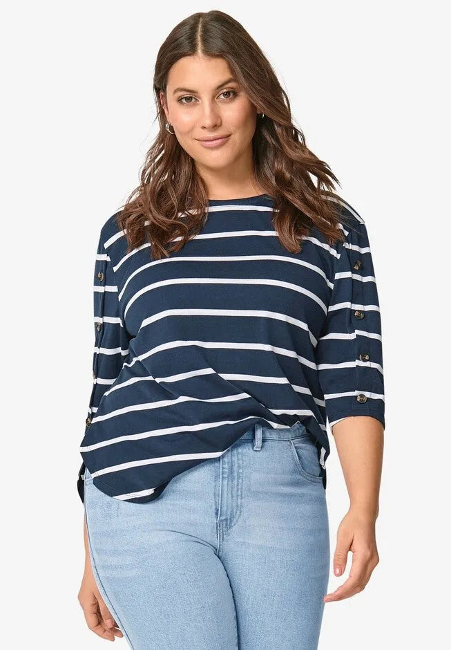 Cotton Spandex Boat Neck 3/4 Sleeve Button Trim Tee