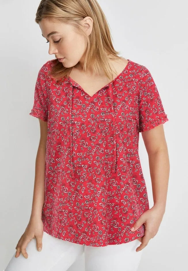 100% Cotton Slub Self-Tie Keyhole Neckline Short Sleeve Tee