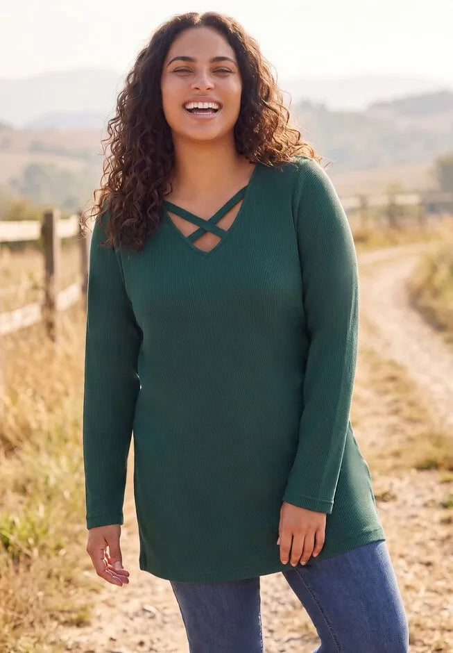 Criss-Cross V-Neck Waffle Knit Thermal Tunic