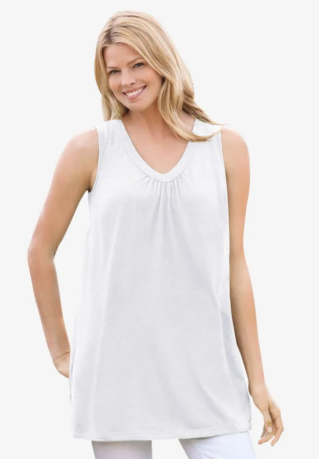 Perfect Sleeveless Shirred V-Neck Tunic