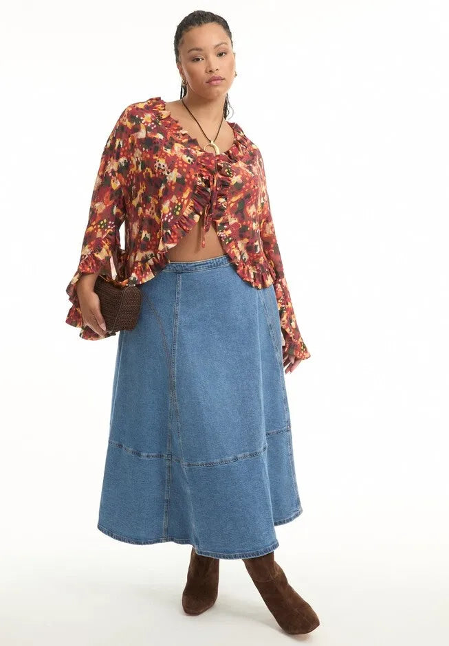 Fit-And-Flare Stretch Denim Midi Skirt