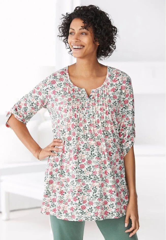 7-Day Three-Quarter Sleeve Pintucked Henley Tunic
