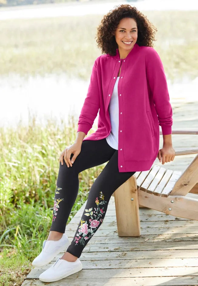 Stretch-Cotton Knit Pull-On Embroidered Leggings